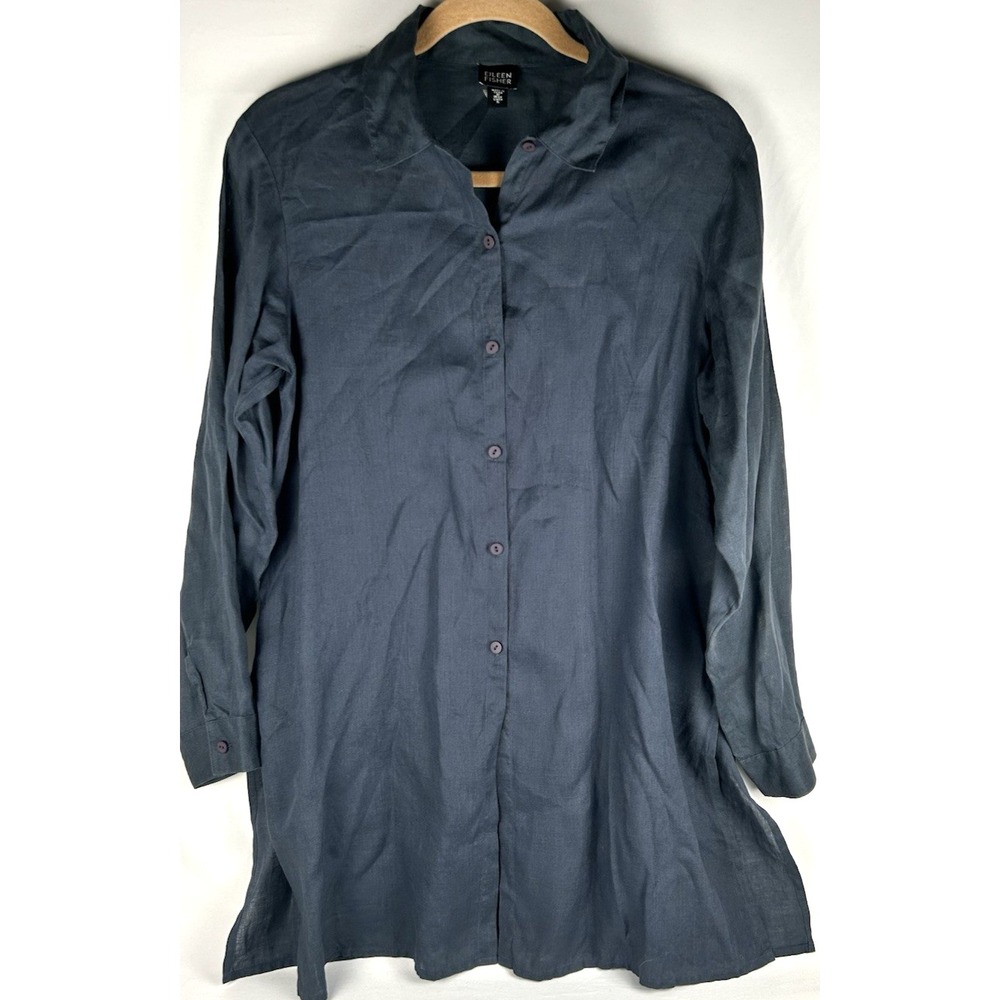 Eileen Fisher Blue 100% Irish Linen Button Tunic Top Sz S Lightweight Lagenlook